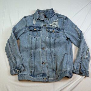 Distressed Denim Jacket Size Medium Light Wash Ripped Back Street Style